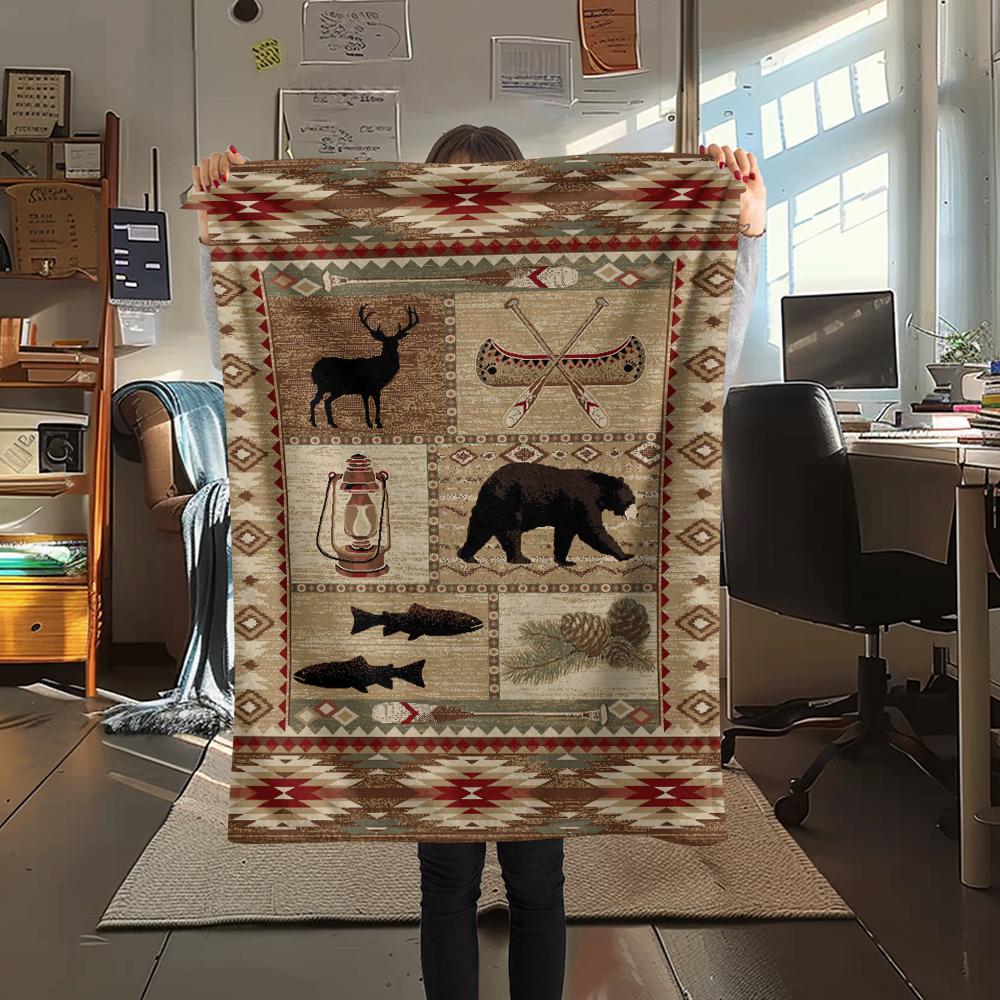 1Pc Cabin Bear Print Flannel Blanket, High Quality Comfortable for All Seasons, Home Decor, Warmth and Comfort, Perfect for Gifts