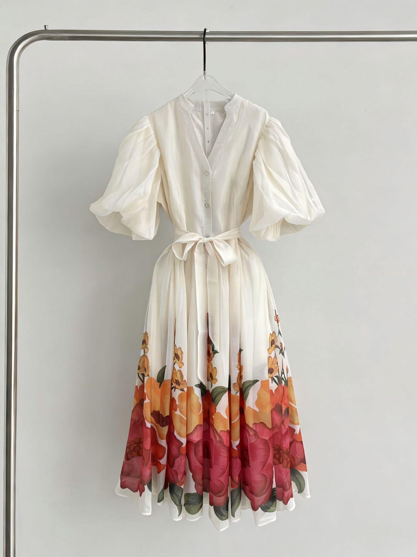 Women s Summer French Court Style Lace-up Dress with Lantern Sleeves and Floral Mesh S белый