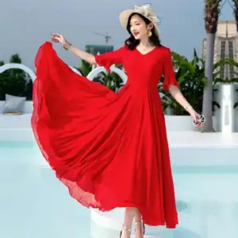 Women's Abstract Leaf Print Maxi V-neck 3/4 Sleeve Belted Waist Elegant Party Dress