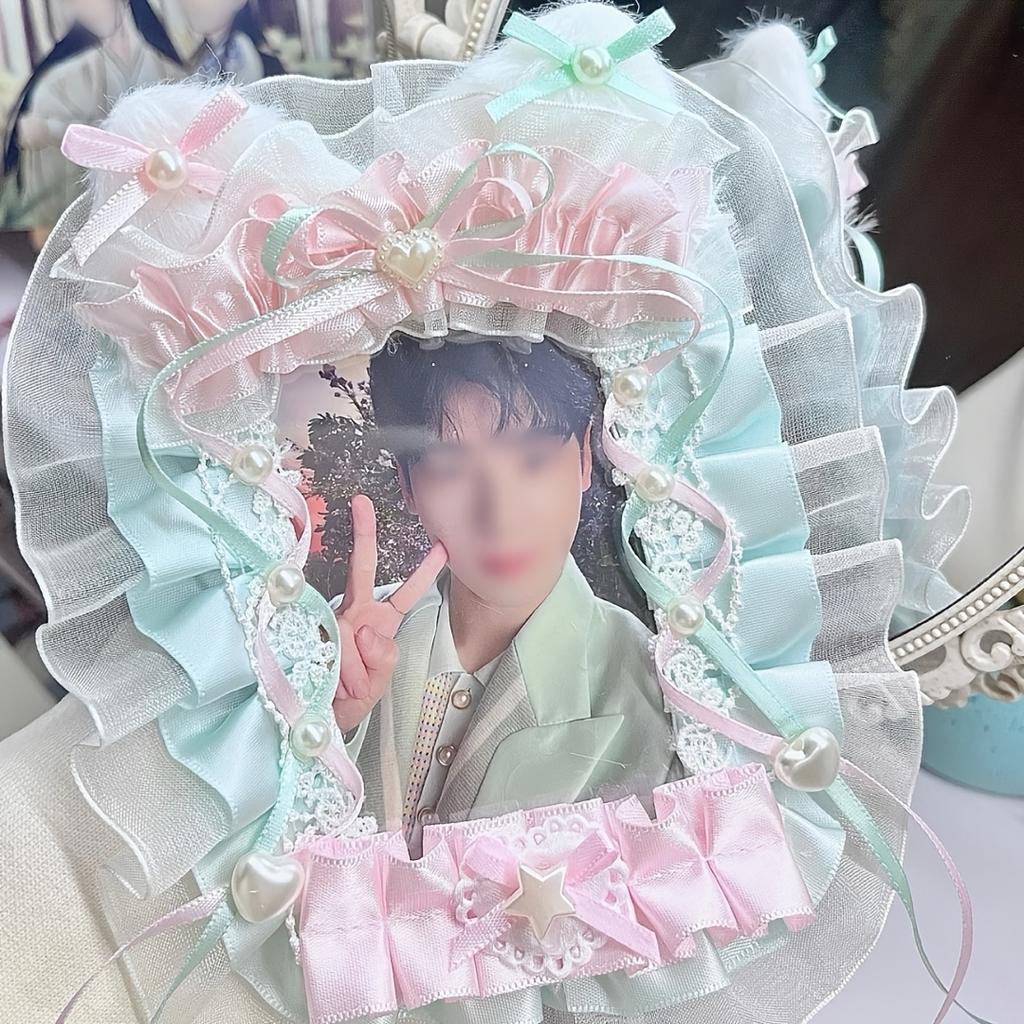 Photo Display Decor Handcrafted Plush Cat Ears & Pink Bow Lace Photo Card Holder - Charming Bag Pendant with Heart & Cross Accents Cat Lover Gifts
