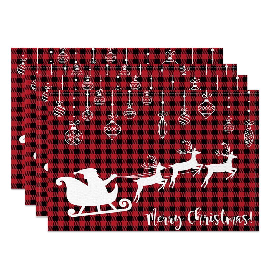 Christmas Placemats Santa Reindeer Sleigh Snowflakes Print Merry Christmas Festive Linen Dining Mats Western Table Holiday Decor