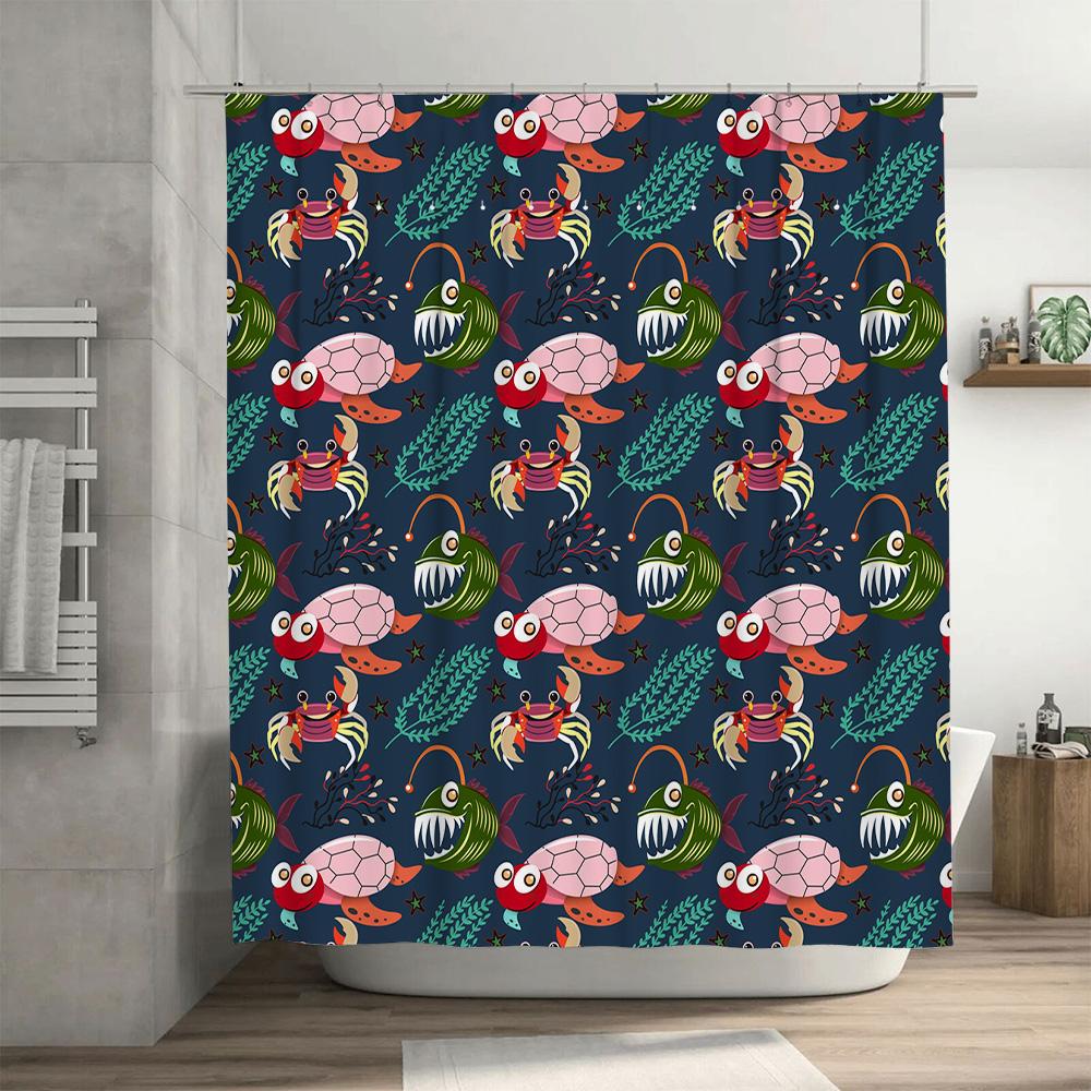 Bathing Shower Curtain Blue Background With Turtle Crab Design Waterproof Fabric Perfect For Bathroom Decor