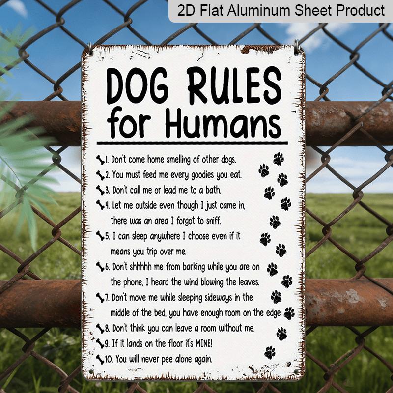 2D Flat, Funny Dog Rules Metal Sign - Waterproof Bathroom Decor with Paw Prints - Vintage Black Pet Owner Gift for Living Room, Office, for Man Cave