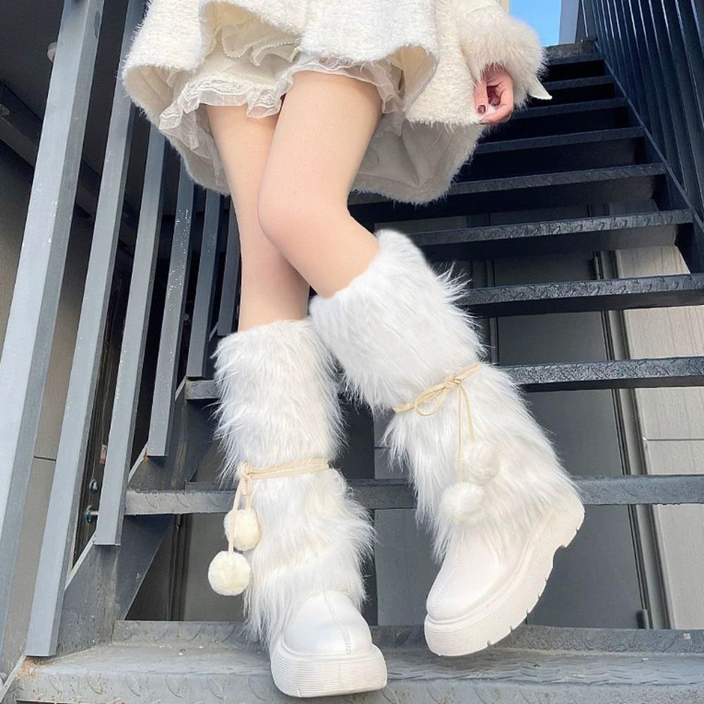 

Плюшевый шар Зимние гетры Вязаные плюшевые накладки на ноги Винтажные длинные чулки Аксессуары бежевый/белый