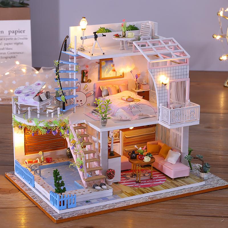 DIY Wooden Mini Doll House 3D Puzzle Small House Kit Assembly Model Building Model Toy Home Decoration With Furniture LED Lights