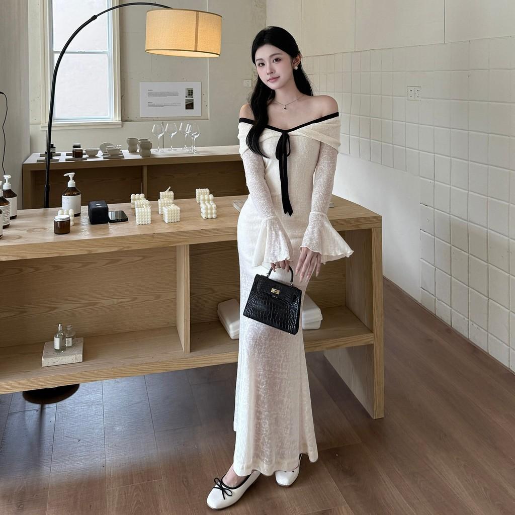 French Style Off Shoulder Dress With Splicing Material For Elegant Fall Fashion