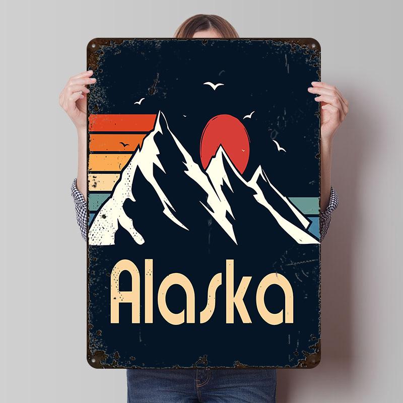 Alaska Mountain Sunset Retro Illustration Printed Poster Customized Wall Art Retro Vintage Metal Tin Signs for Home House Decor