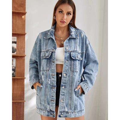 Damen Lässige Oversize Denimjacken Mittellang Vintage Zerrissene Jeansmäntel