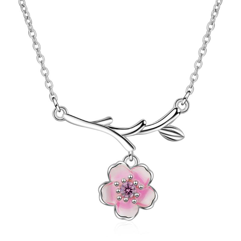 Lovely Cherry Blossom Pendant Necklace Sparkling Transparent Crystal Jewelry for Women Girls Casual Outing Accessory Gift