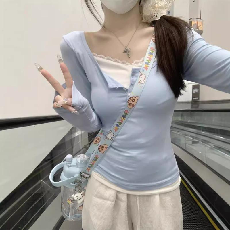 Sweet Age-reducing Fake Two-piece Lace Splicing Long-sleeved Shirt for Women's Autumn Slim-fitting and Thin Pure Desire Bottoming Top