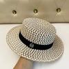 Flat-Top Hat for Women, Summer Hollow-Out m Logo Plaid Woven Straw Hat, Beach Outing Sun Protection Hat Flat-Brimmed Fedora