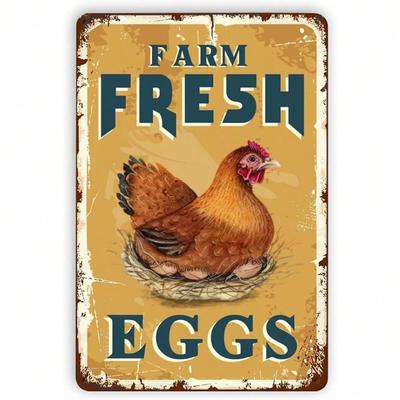Vintage Farmhouse Fresh Eggs Metal Tin Sign X Rustic Chicken Wall Art Kitchen Decor