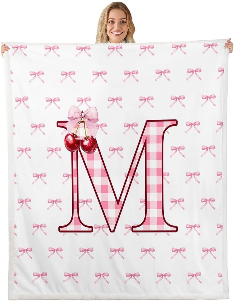 Erosebridal Initial P Letter Bowknot Fleece Blanket Throw Pink Bow Tie Cherry Sherpa Blanket Princess Coquette Decor Fuzzy