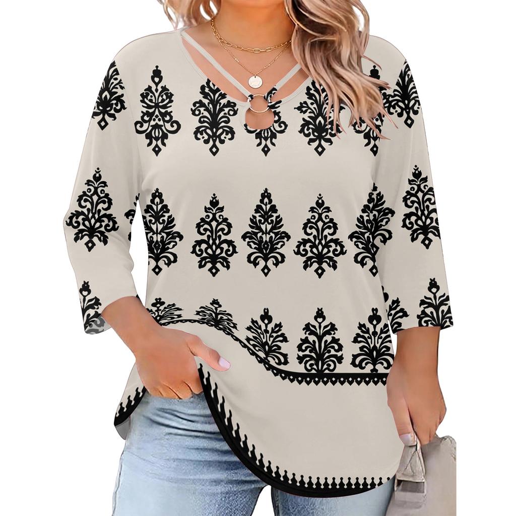 Blusa Floral Feminina Plus Size com Manga Três Quartos, Blusa Casual, Túnica de Corte Amplo para Primavera Verão, Uso Diário, Trabalho e Saídas
