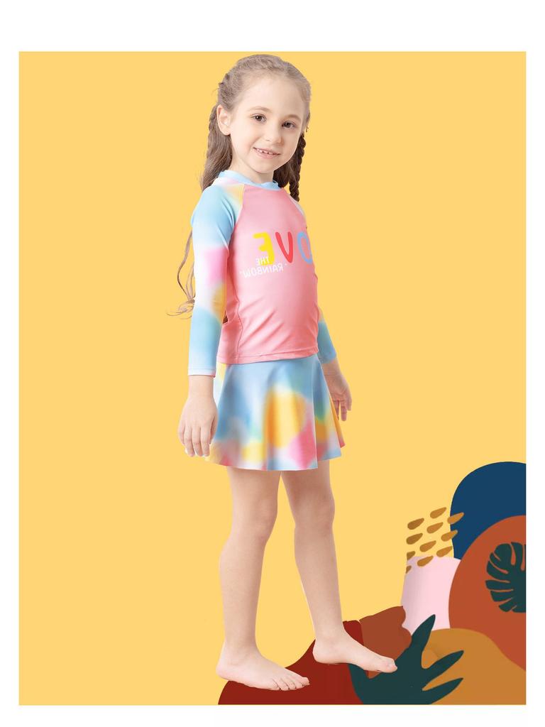 Girls' Tie-Dye Long-Sleeve Two-Piece Swimsuit Set with Short Skirt