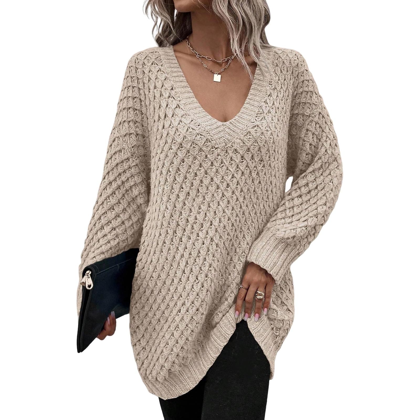 

Women s Casual Solid Color V-Neck Oversized Sweater Fall Winter Loose Long Sleeve Sweater Top L
