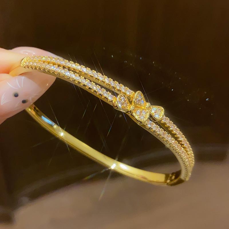 18K Gold Plated Zircon Bow Double Layer Bracelet - Korean Style Versatile Bangle with High-End Niche Design