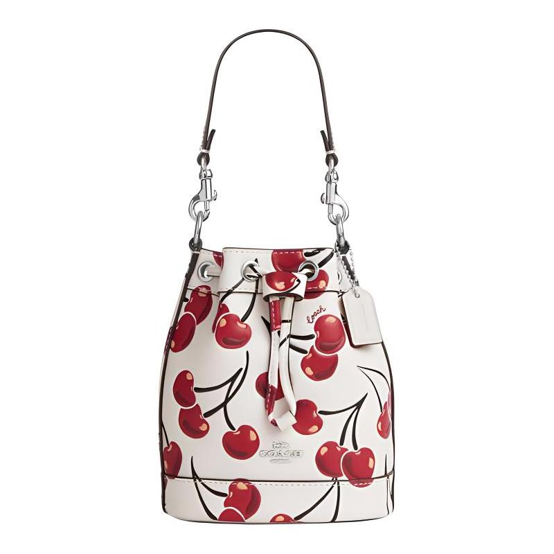 

COACH Cherry Print Leather Bucket Bag Shoulder Handbag Mini Women s Chalk Color білий