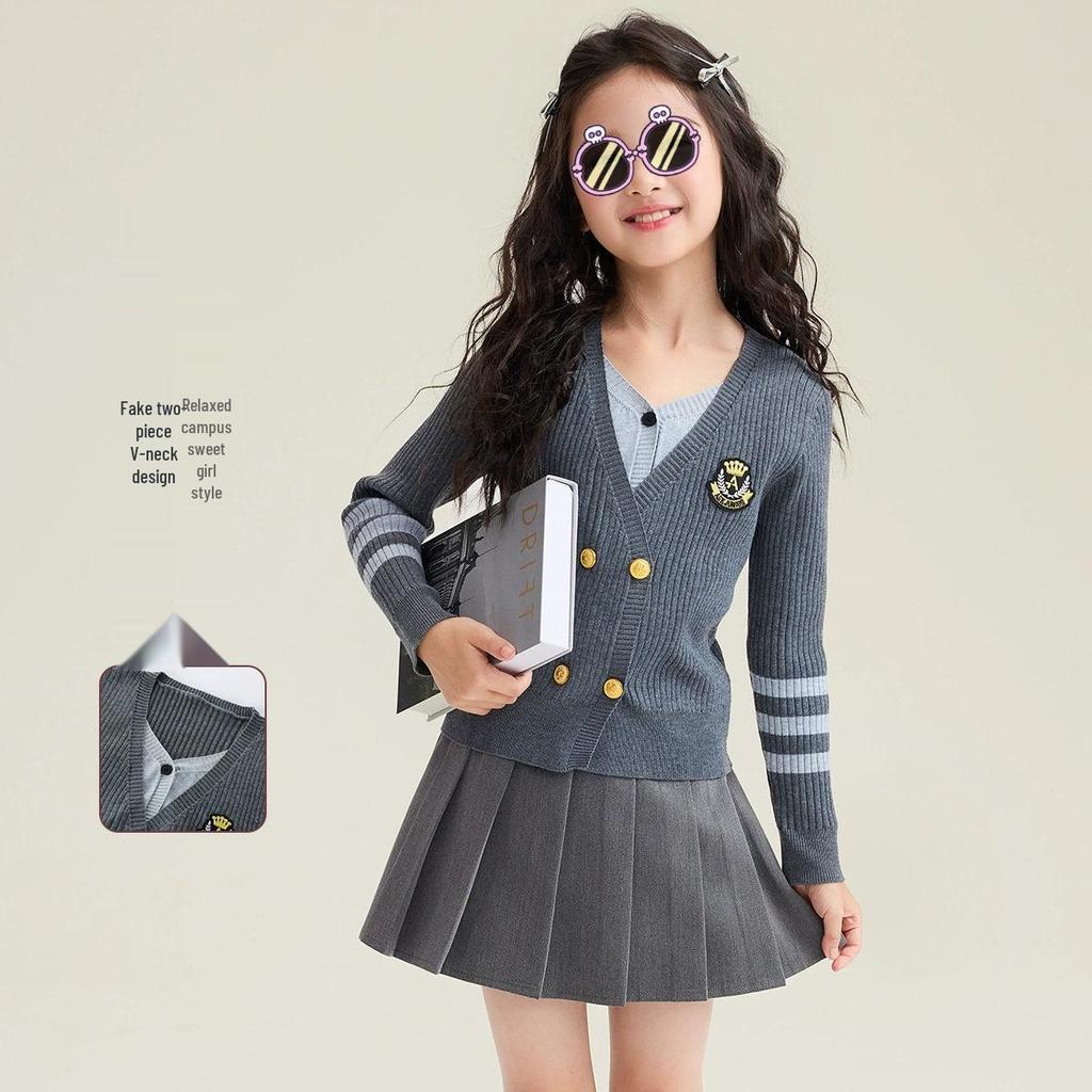 2025 Girls' Academy Style Knit Cardigan with Two-Piece Korean Slimming Skirt Set