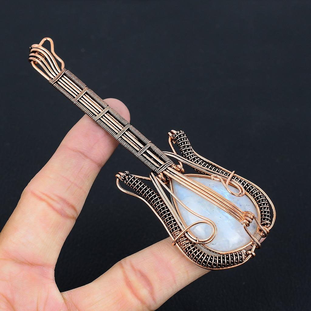 Rainbow Moonstone Handmade Copper Wire Wrap Guitar Pendant 4.53 y9W89