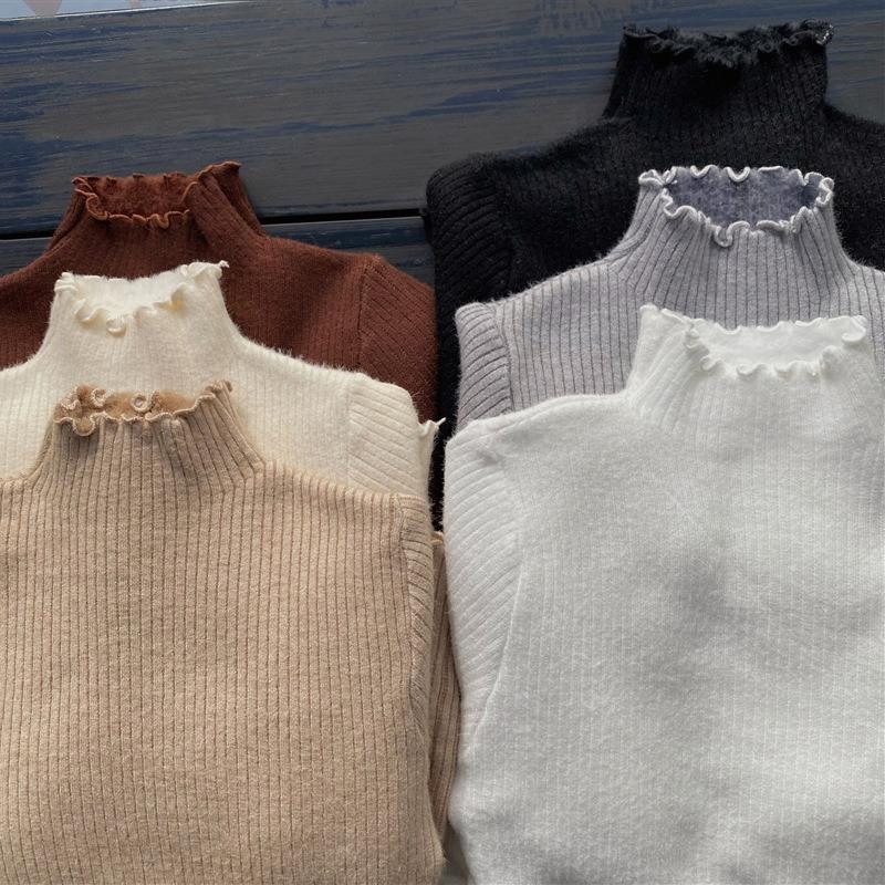 Warm Semi-turtleneck Inner Bottoming Shirt Women's Autumn and Winter Fungus Edge Slim-fit Top Integrated Fleece Thickened Knitted Sweater