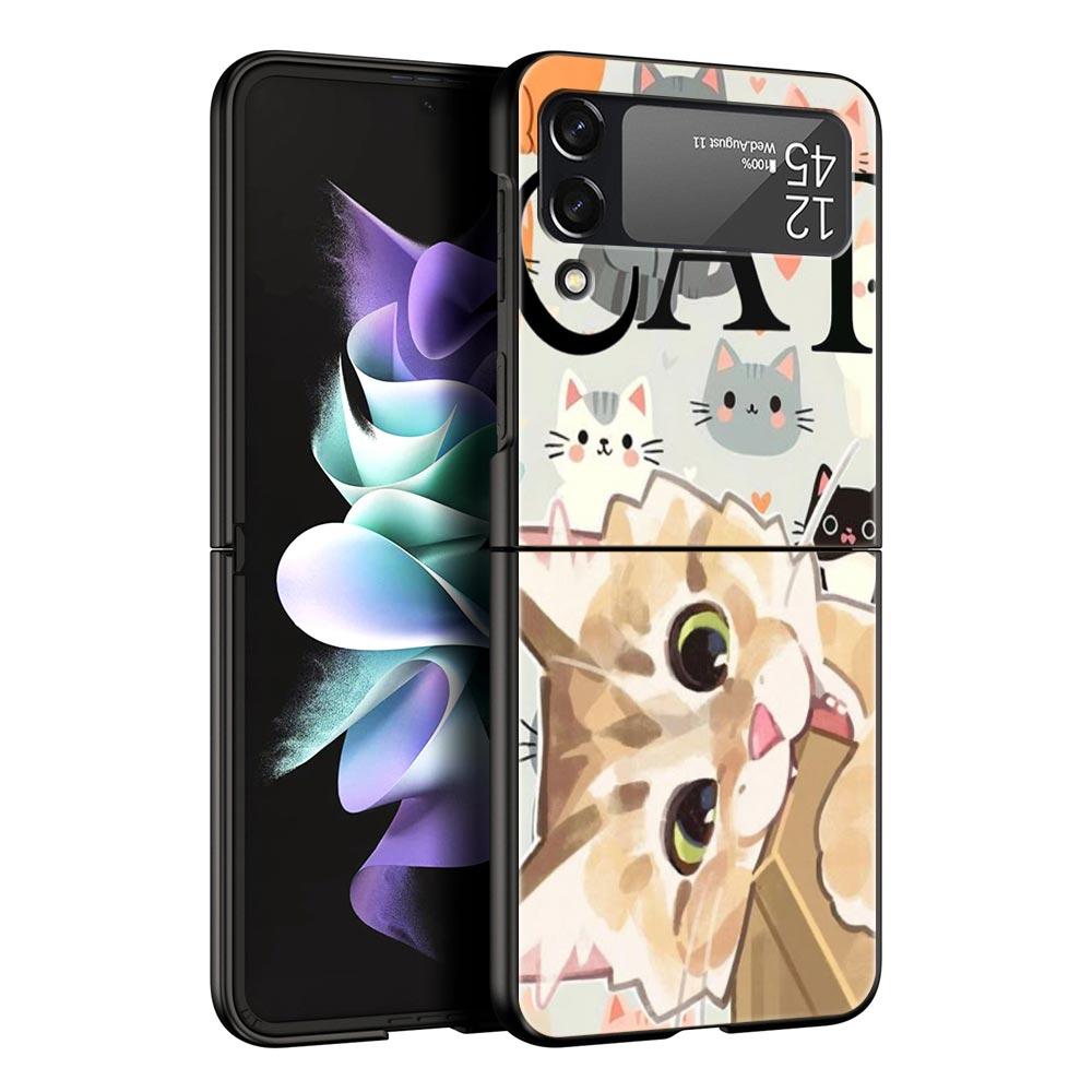 Abstract Creative Cute Cat Line Pattern Hard PC Phone Case For Samsung Galaxy Z Flip 7 6 5 4 Black Cover For Galaxy Z Flip 3 Bag