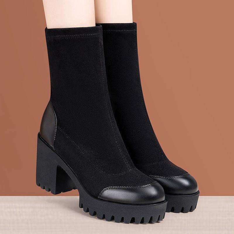 8cm 10cm Small Size 33-43 Flexible Stretch Boots Women's Platform Shoes Fall Winter 2025 Block High Heels Ankle Boots with Fur