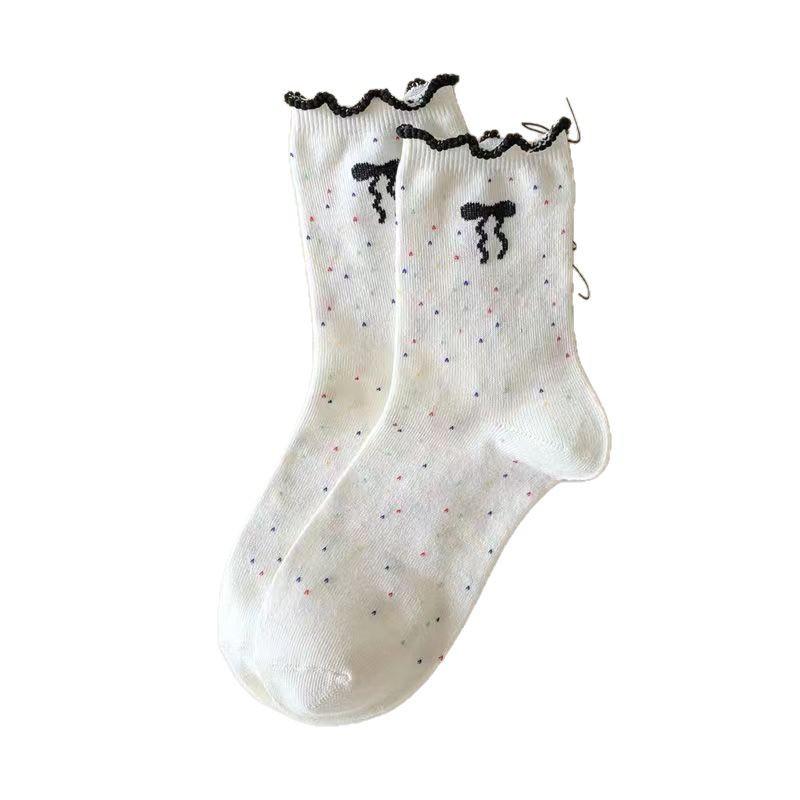 5 Pairs of Lace Mid-calf Socks for Girls In Spring and Summer, Fashionable Bow Tie Stockings, Simple and Sweet, and Student Stack Socks