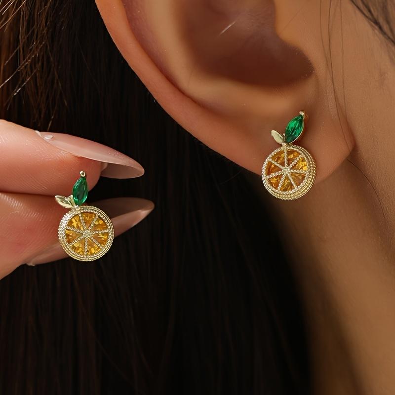 1 Pair of Simple Fashion Copper-Inlaid Cubic Synthetic Zirconia Orange-Shaped Stud Earrings, Chic Fruit Design Earrings