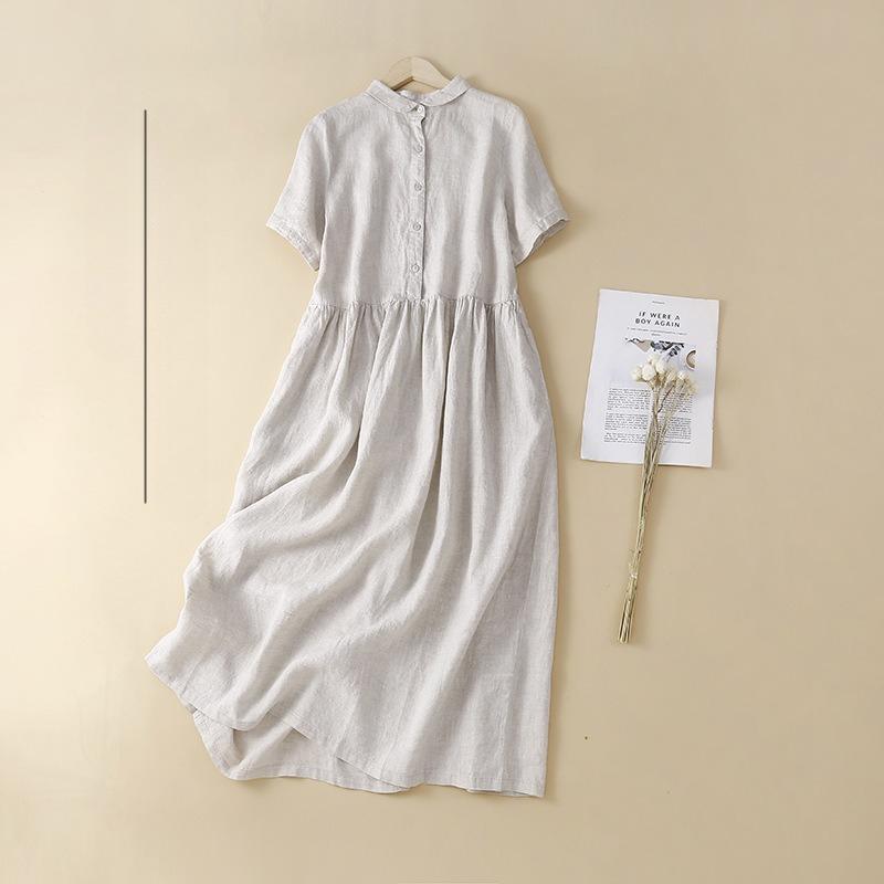 Summer Cotton and Hemp Women's Thin Solid Color Collar Loose Dress