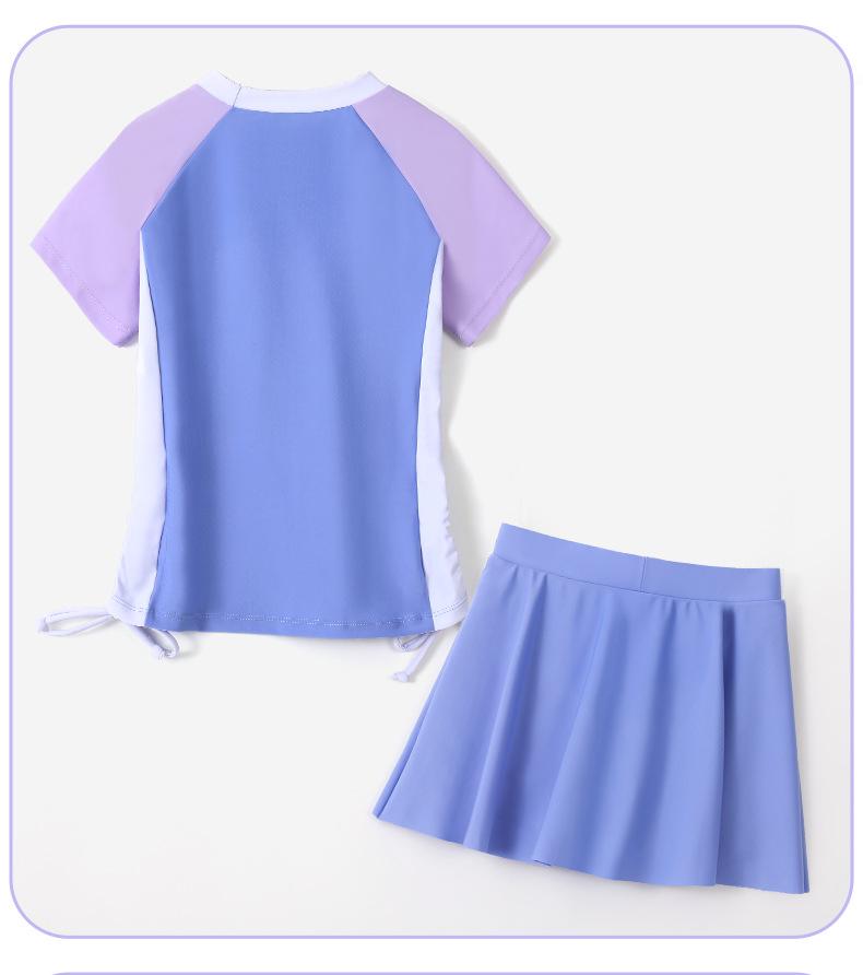 2025 Girls' Conservative Two-Piece Swimsuit: Fresh Waist-Slimming Short Skirt & Short-Sleeve Design