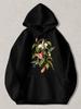 Black Pullover Hoodie with Vintage Hummingbird And Floral Print Long Sleeve Sweatshirt with Kangaroo Pocket for Casual Daily Wear