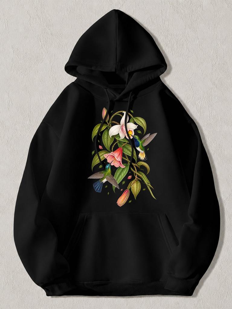 Black Pullover Hoodie with Vintage Hummingbird And Floral Print Long Sleeve Sweatshirt with Kangaroo Pocket for Casual Daily Wear