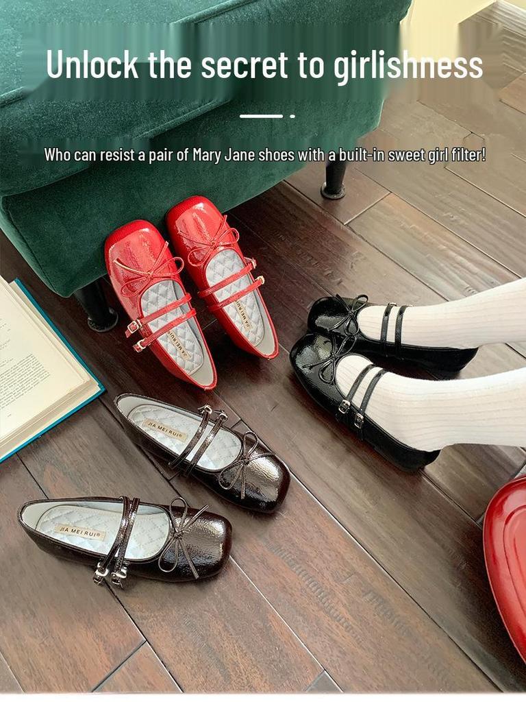 In Stock Rockfish Patent Leather Mary Jane Ballet Flats with Double Strap Bow - Women's Round Toe Low-Cut Shoes