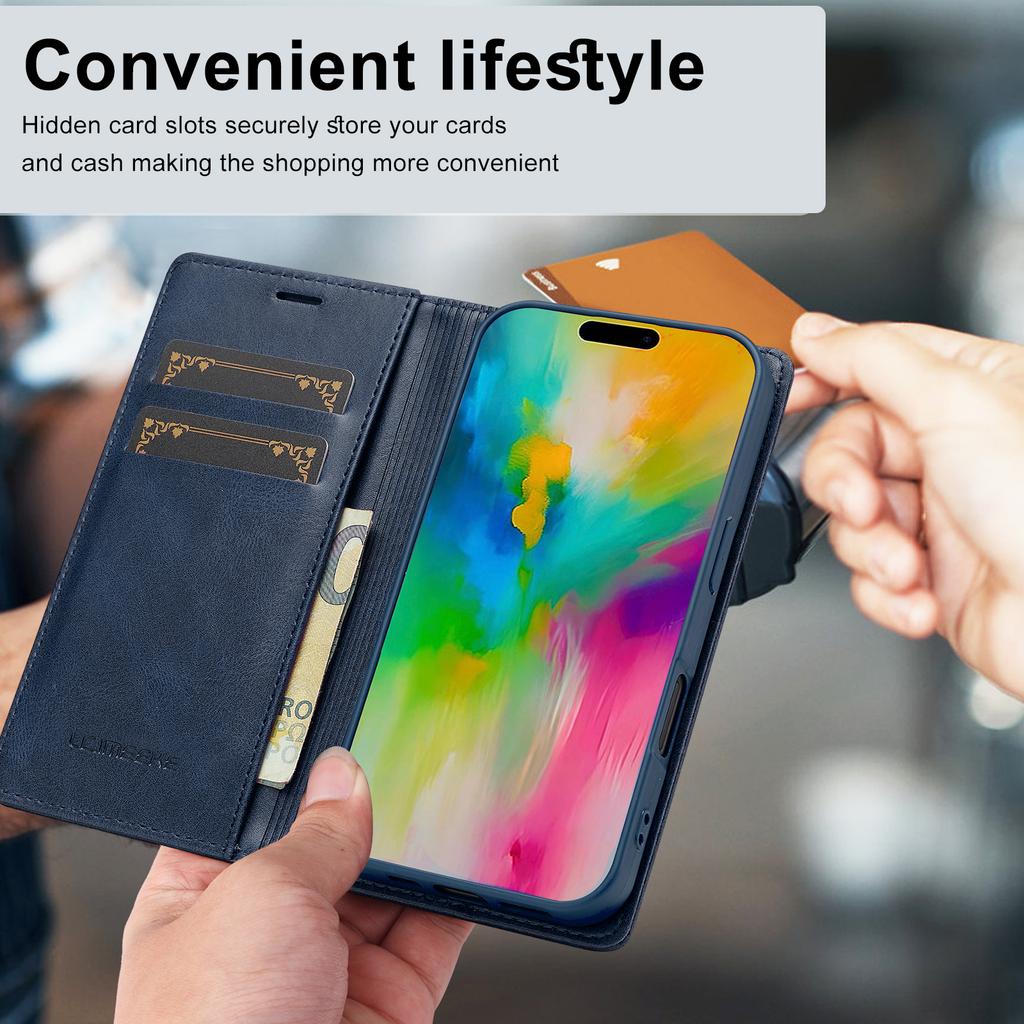 LC.IMEEKE For iPhone 16 Leather Case RFID Blocking Card Slots Phone Cover