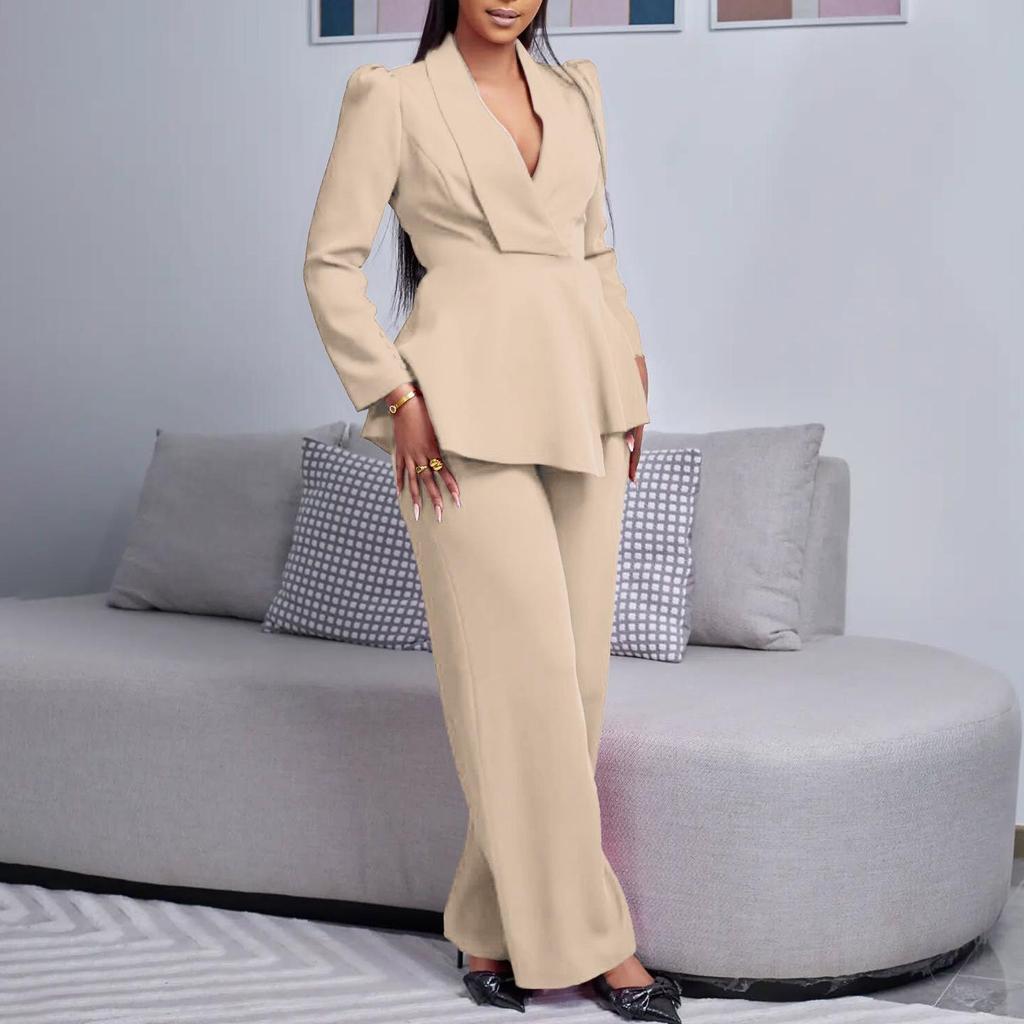 Elegant Ruffle Long Sleeve Top & Wide Leg Pants Set for Women