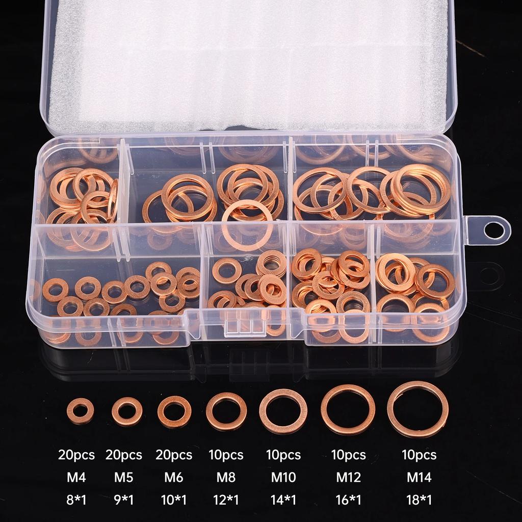 100 Stück Kupfer-Unterlegscheibe Dichtring Flachring Dichtung Sortiment-Kit M4 M5 M6 M8 M10 M12 M14 für Ölablassschrauben