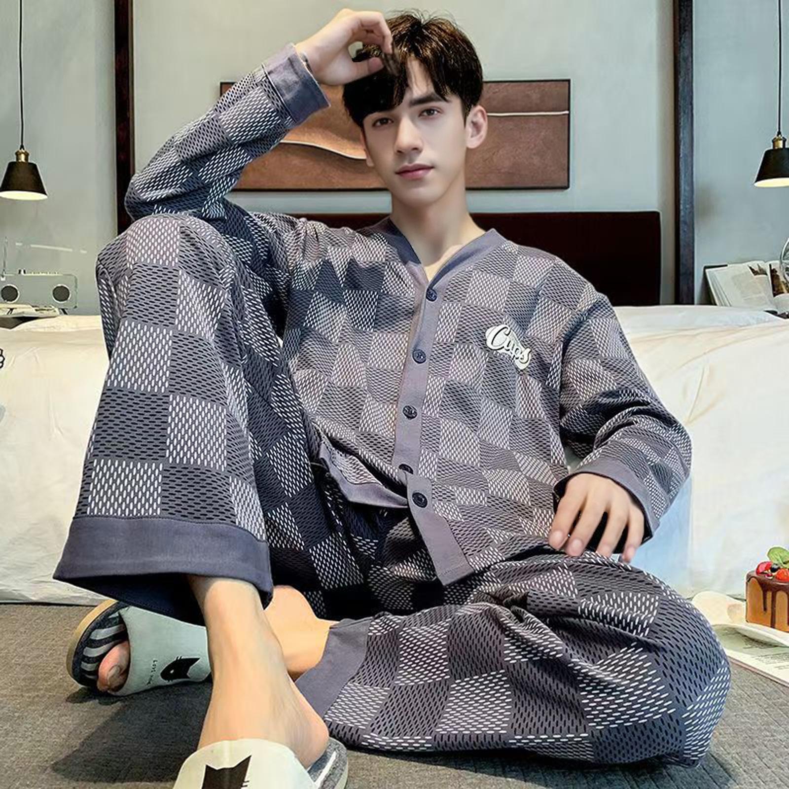 2026 Men s Pure Cotton Casual Loose Fit Teen Long Sleeve Pajama Set XL