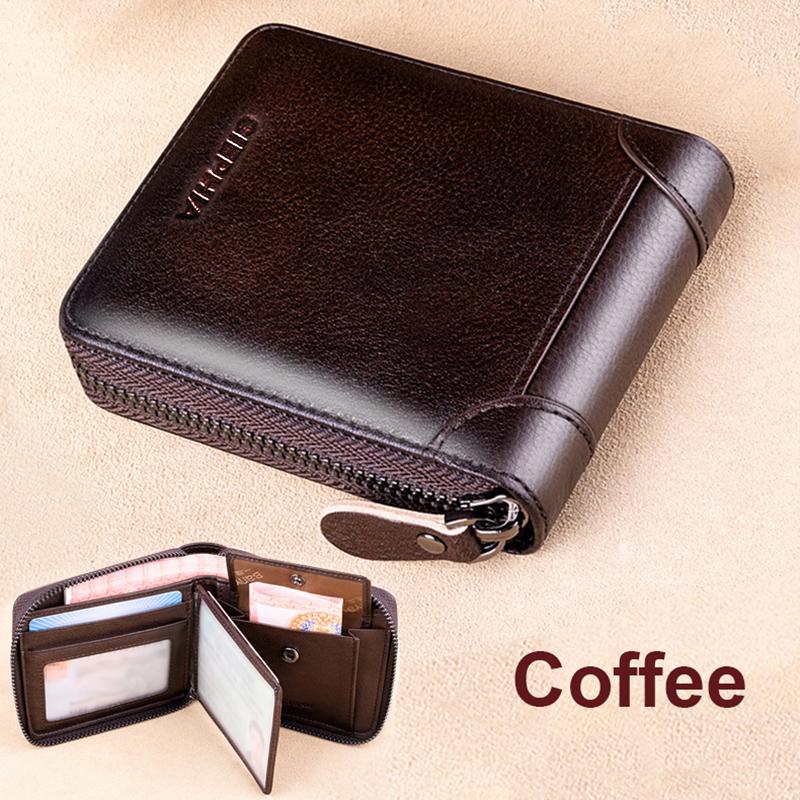Echtes Leder-Geldbörse für Herren, RFID-blockierende Bifold-Reißverschluss-Geldbörsen, obere Schicht Rindsleder, multifunktional, ID-Kreditkartenhalter, Münztasche