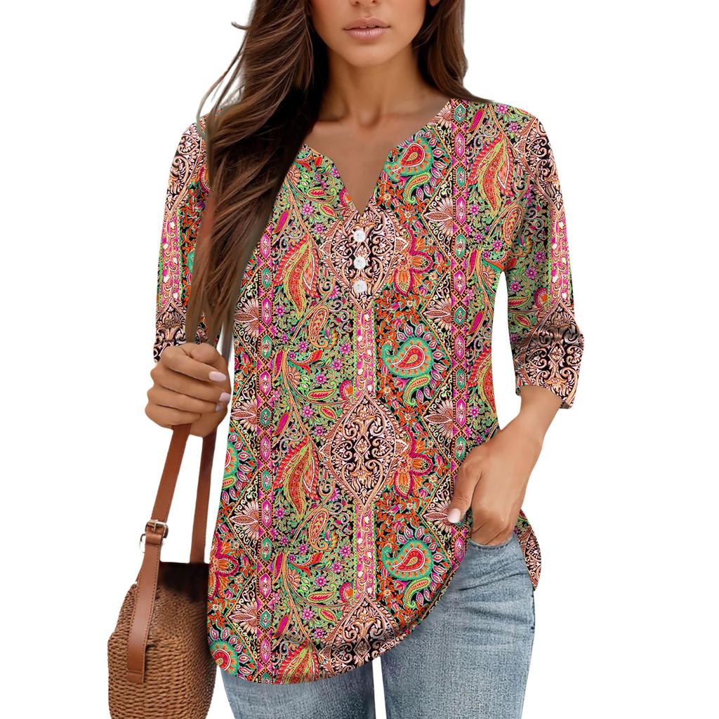 3/4 Length Sleeve Women's Tops Print Vintage Fashion Casual Loose With V Neck Plus Size Shirts Tops
