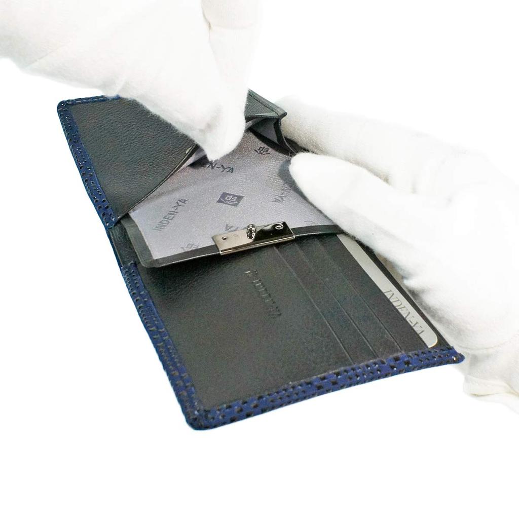 [Inden-ya] Inden Bifold Wallet with Bill Compartment C, Thin Deerskin Leather, Navy Blue with Black Lacquer, Small Checkered Pattern, 2003-04-167