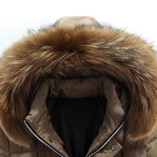 Men Winter Cotton Coat Hooded Faux Fur Thick Padded Long Sleeve Windproof Warm Heat Retention Mid Length Detachable Hat Pockets Zipper Closure