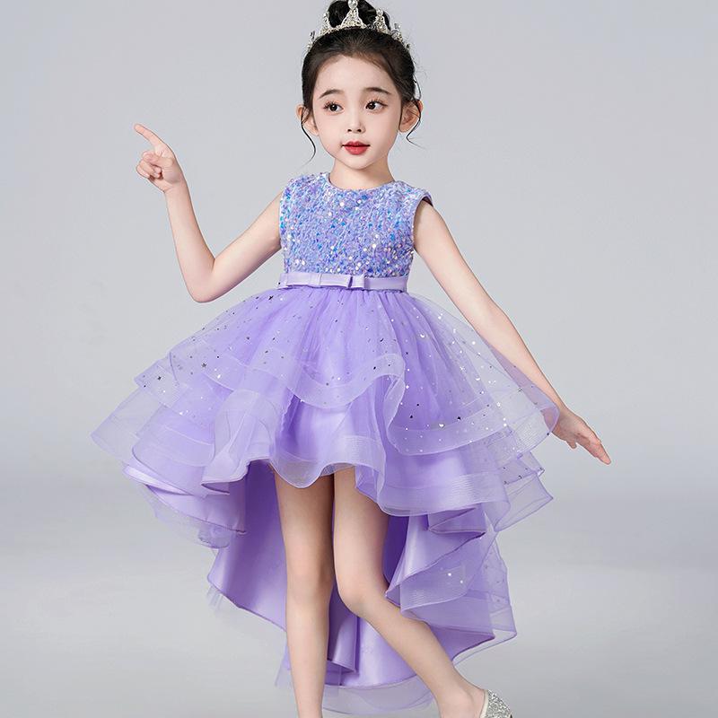 Girls' Sleeveless Tulle Train Princess Dress for Flower Girl or Performance