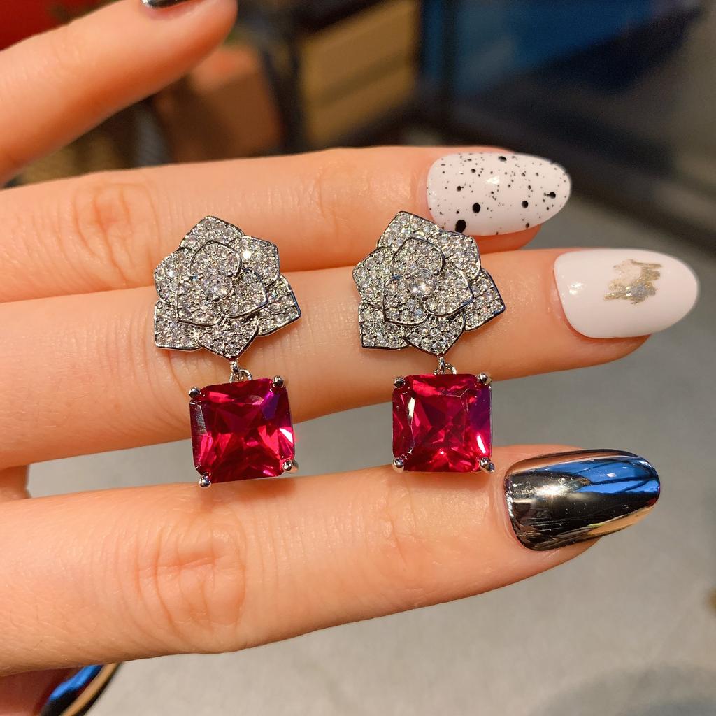 Jewelry Simulation Red Glass Necklace Stud Earrings Set Flower-Shaped Creative Full Diamond Luxury Set 10 * 10