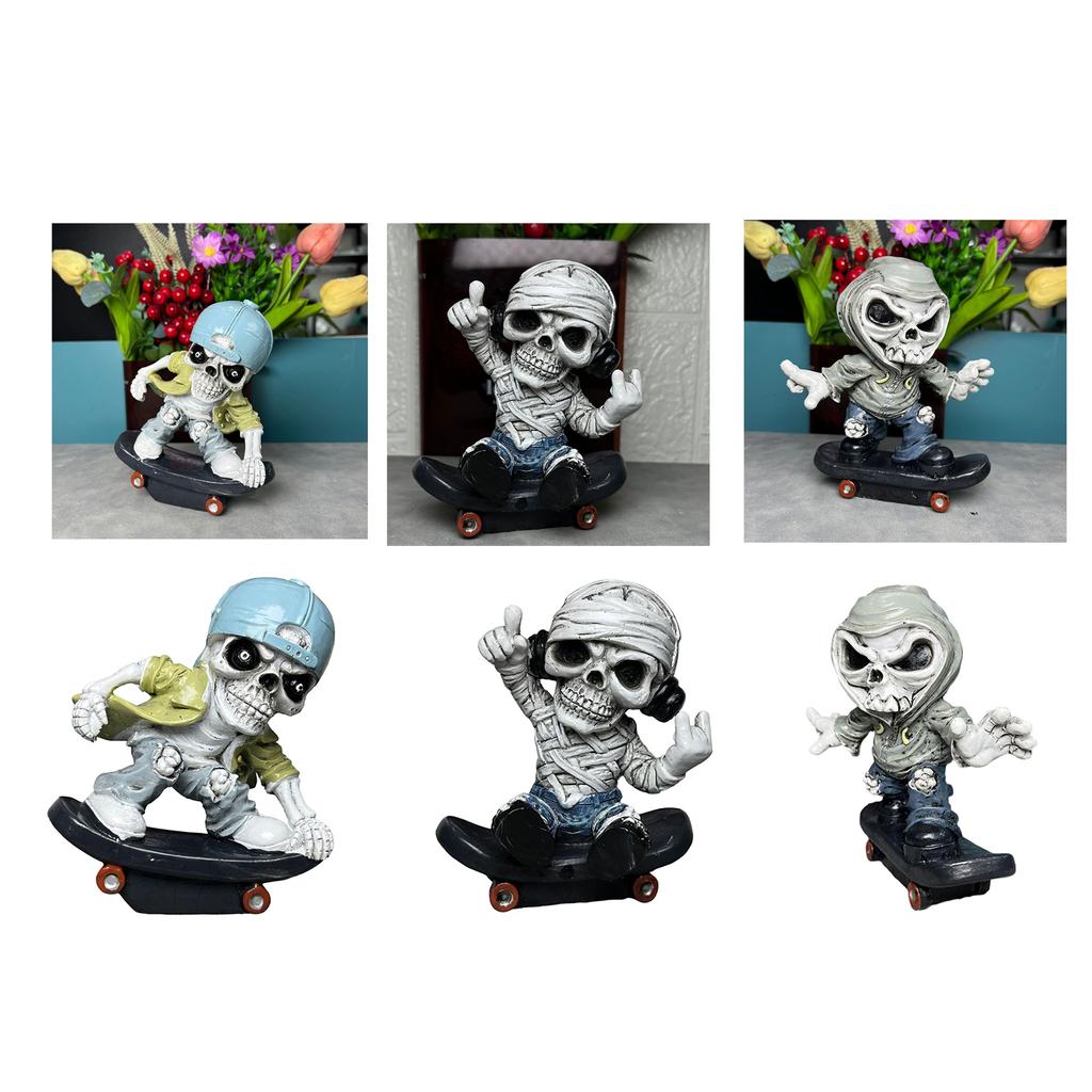 Scary Resins Skeleton Sculpture Funny Skateboarding Skull Figurine Ornament for Halloween Party Desktop Decoration