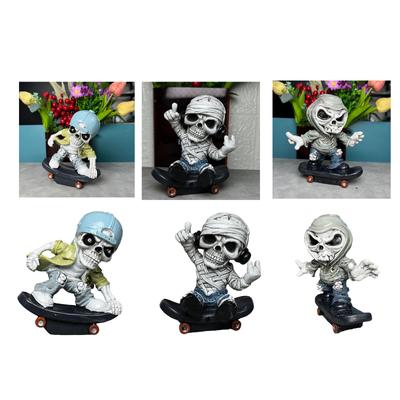 Scary Resins Skeleton Sculpture Funny Skateboarding Skull Figurine Ornament for Halloween Party Desktop Decoration