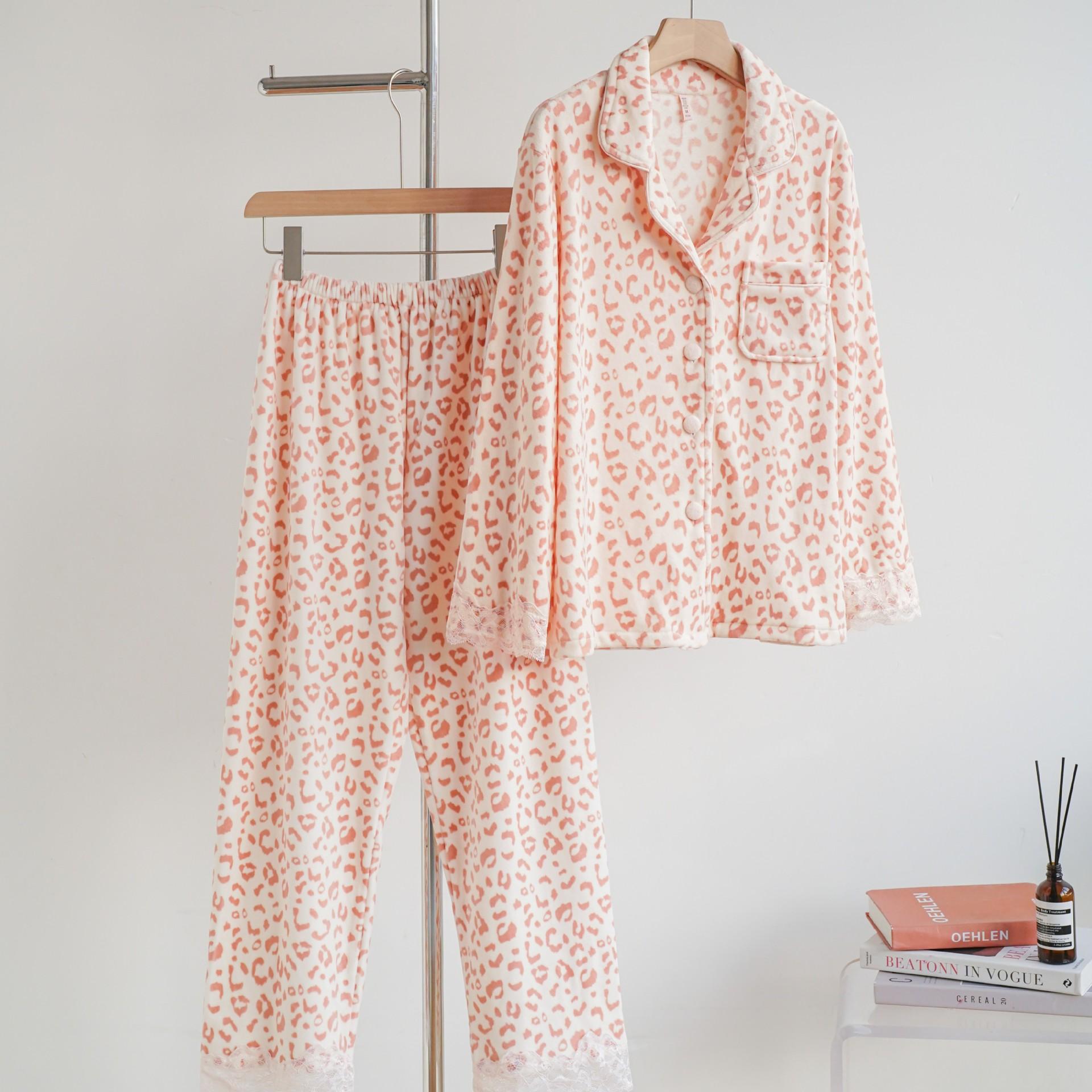 

Домашняя одежда с розовым леопардовым принтом, сексуальная кружевная пижама с длинными рукавами, осенне-зимняя бархатная пижама, свободная повседневная пижама XL розовый