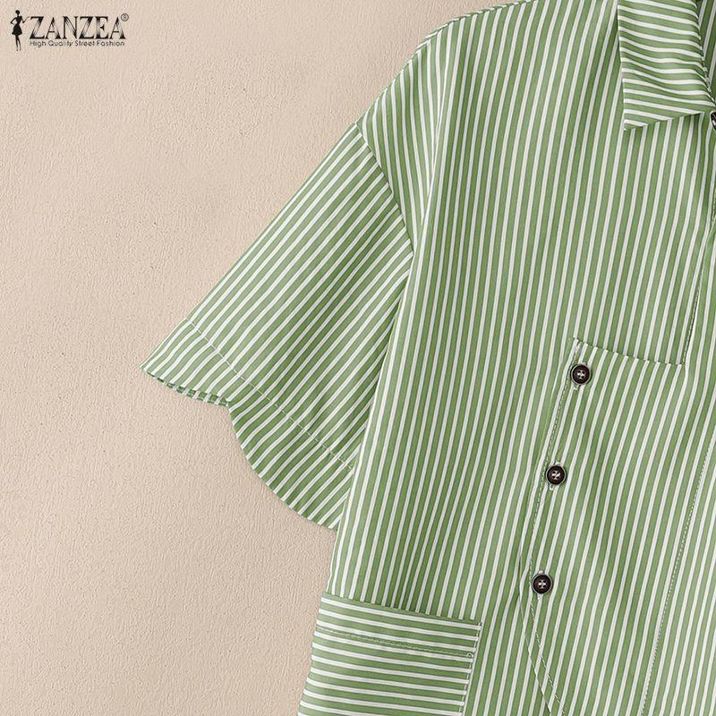 ZANZEA Women Casual Turn Down Collar Loose Short Sleeve Stripe Blouse