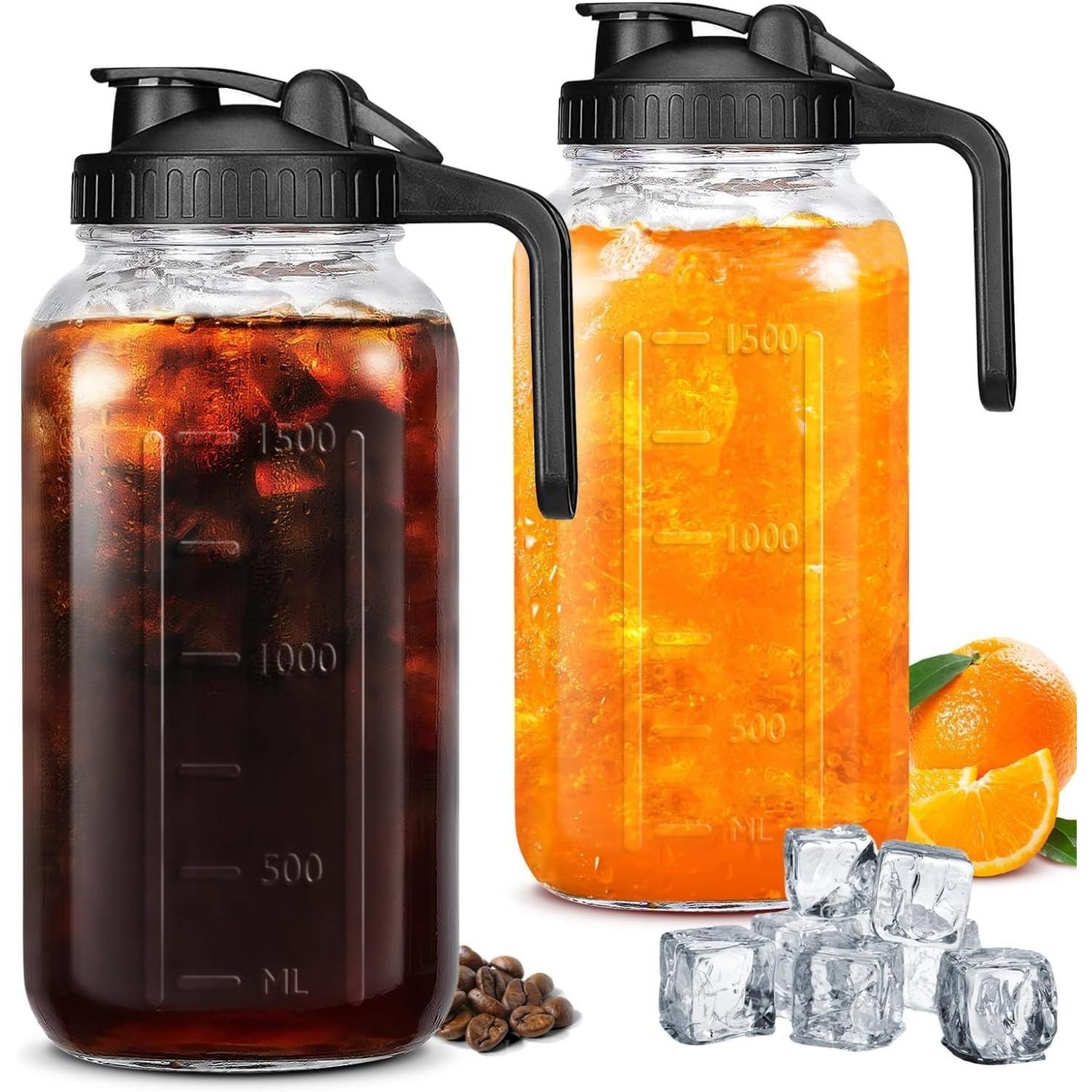 Glass Pitcher with Lid 2 Pack,Leak Proof Glass Mason Jar Pitcher with Lid & Spout Sun Tea Pitcher , Juices,Cold Brew Coffee,Breast Milk(64 oz/2 Liter) 2-Pack чёрный