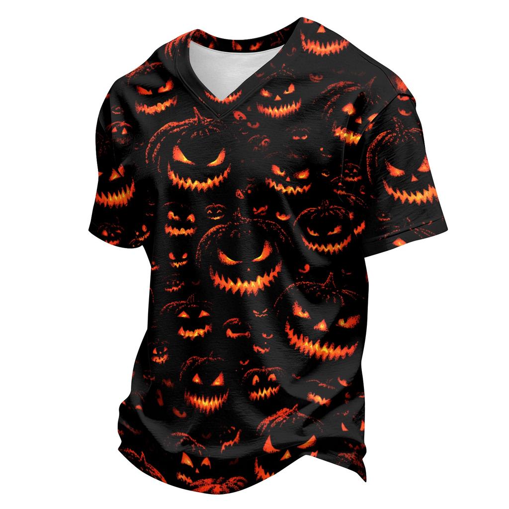 Men's Casual Lightweight Breathable Short Sleeve V Neck Shirt Halloween Print Handprint Pattern Comfortable Fit